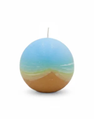 Candela artigianale Arcangelo Sandalphon - radicamento e presenza. Forma sferica, di colore marrone e azzurro con sfumature di verde